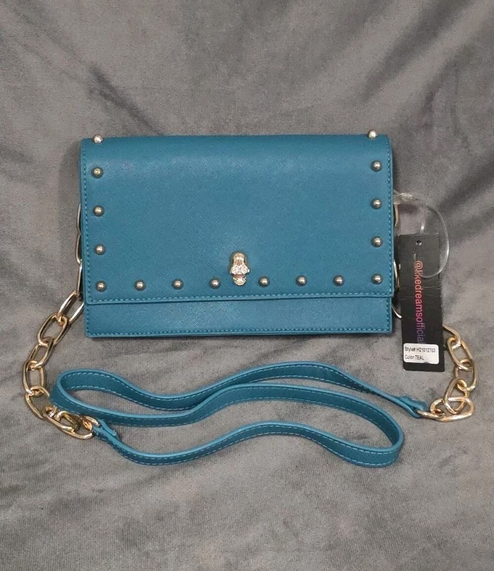 Like Dreams Crossbody Bag Purse Teal Whimsygoth Gold Tone Skull Stud Details